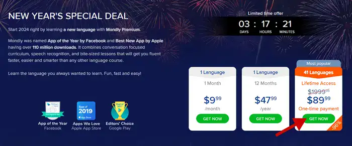 Mondly New Year Sale 2025: 96% OFF Lifetime Access 2 mondly new year sale pricing