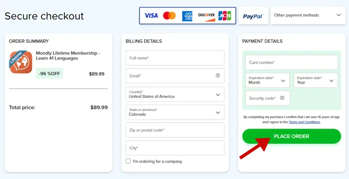 Mondly New Year Sale 2025: 96% OFF Lifetime Access 3 mondly secure checkout